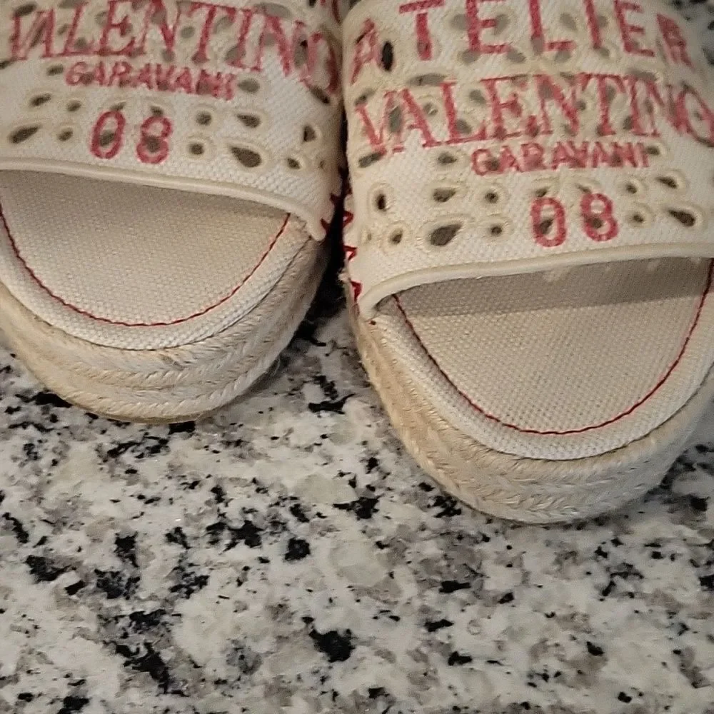 VALENTINO GARAVANI Atelier Eyelet Flat Espadrille Slide Sandals Natural 37.5